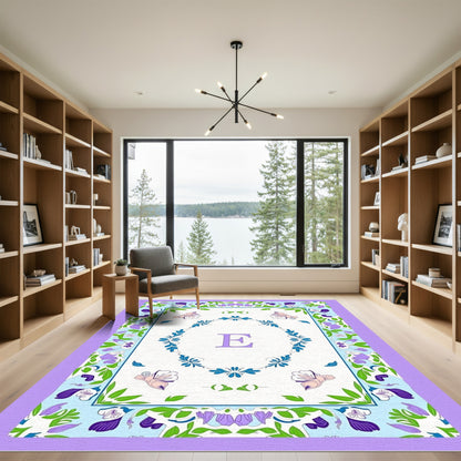 Lavender Floral Butterfly Monogram Rug