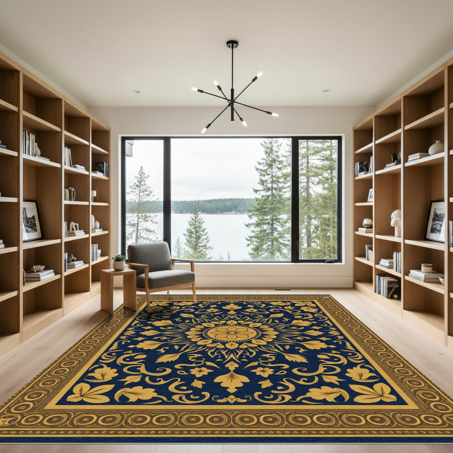 Golden Floral Medallion Navy Rug