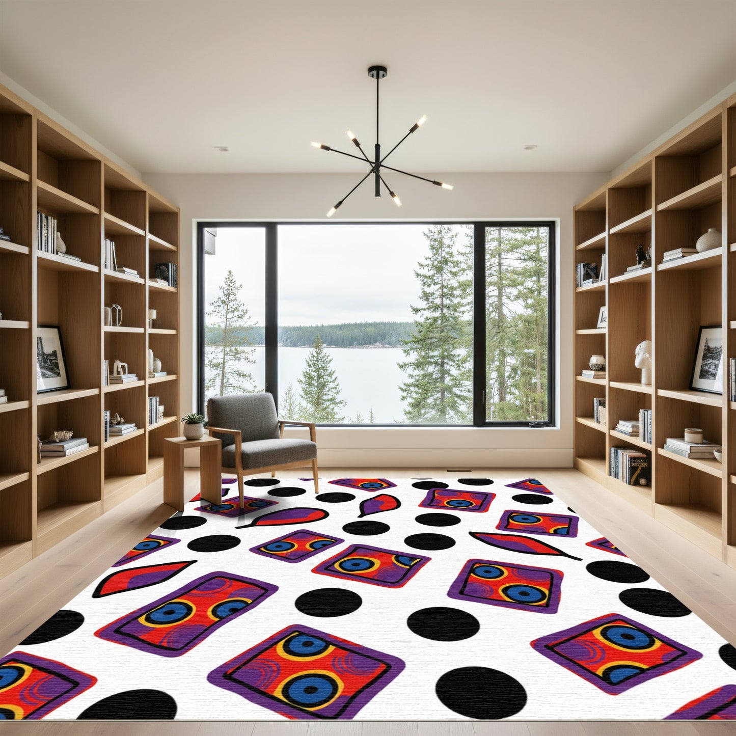 Bold Red Rectangles Black Dots Leaves Rug