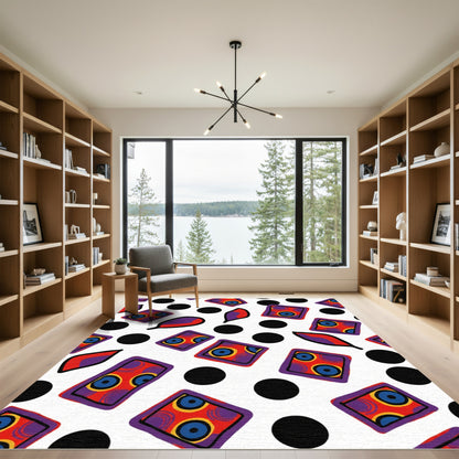 Bold Red Rectangles Black Dots Leaves Rug