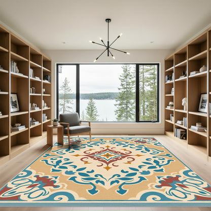Tan Blue Red Floral Medallion Rug