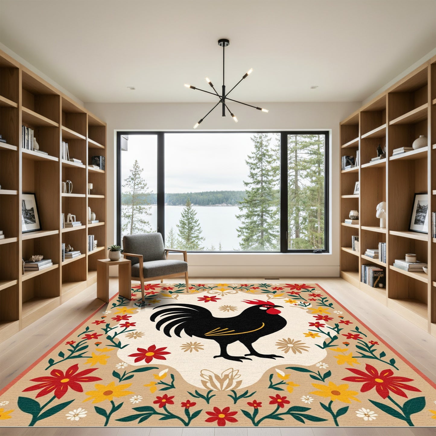 Farmhouse Black Rooster Floral Border Rug