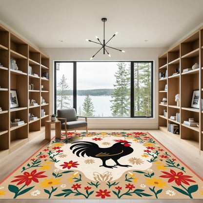 Farmhouse Black Rooster Floral Border Rug