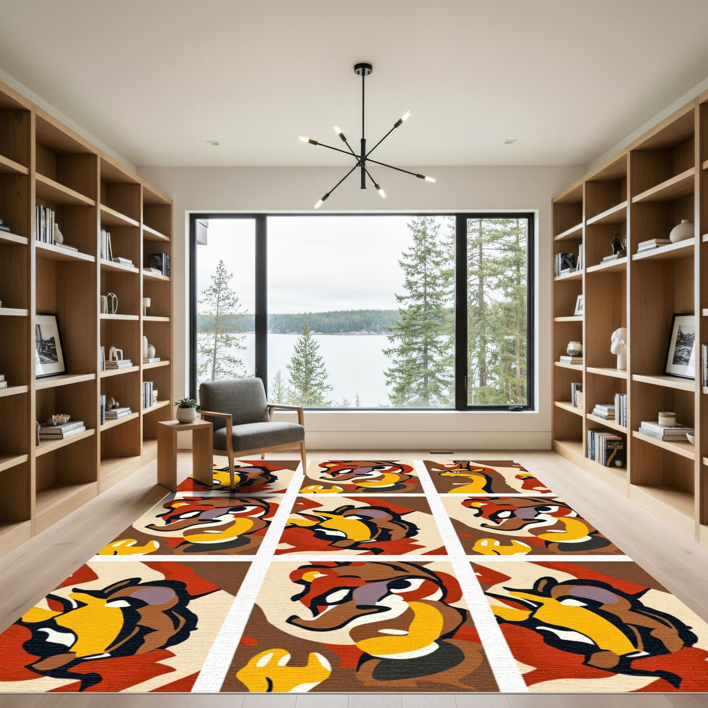Bold Cubist Animal Portrait Brown Gold Rug