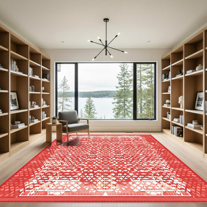 Crimson White Geometric Diamond Rug