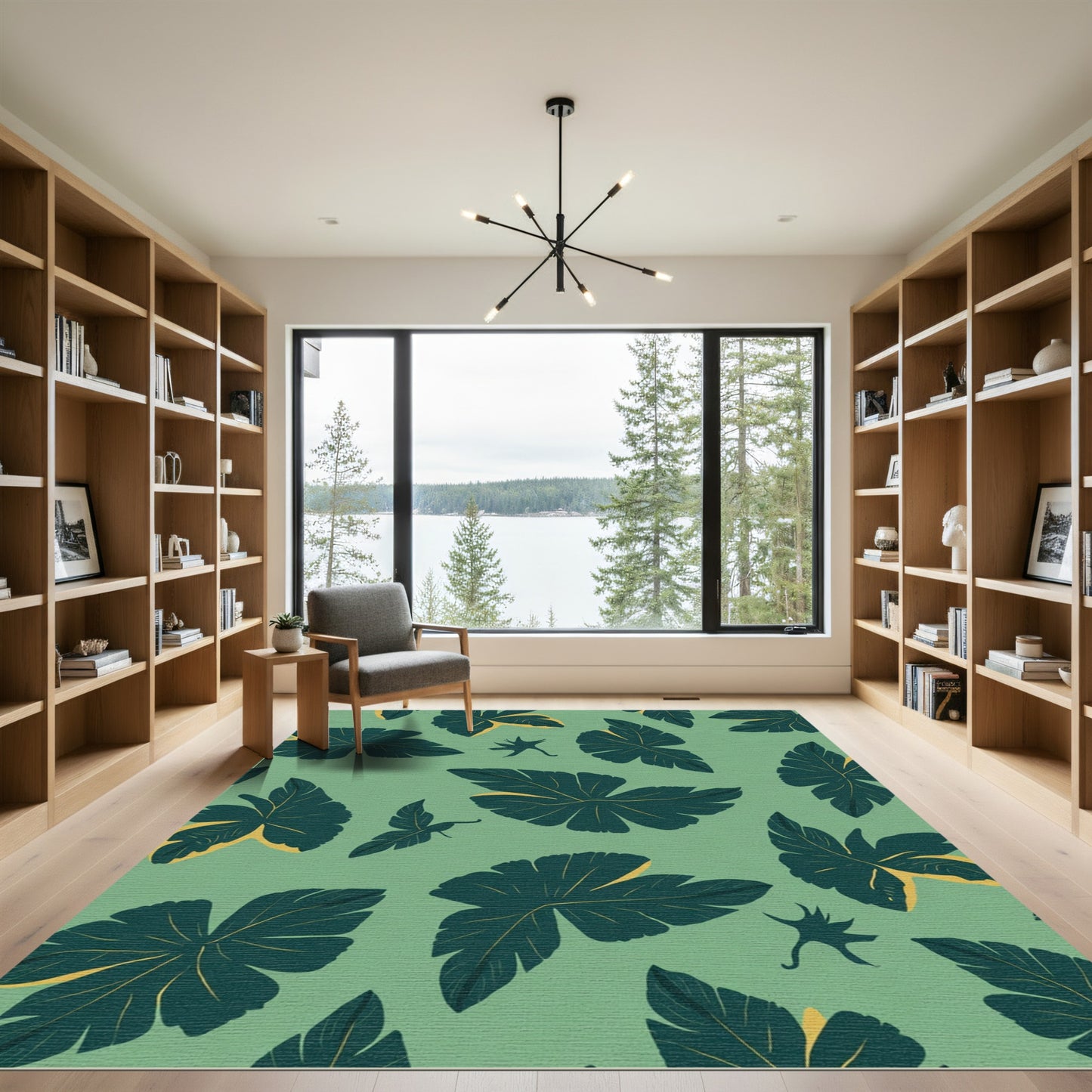 Green Teal Leafy Abstract Art Rug