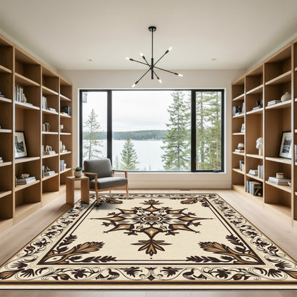 Traditional Cream Brown Medallion Border Rug