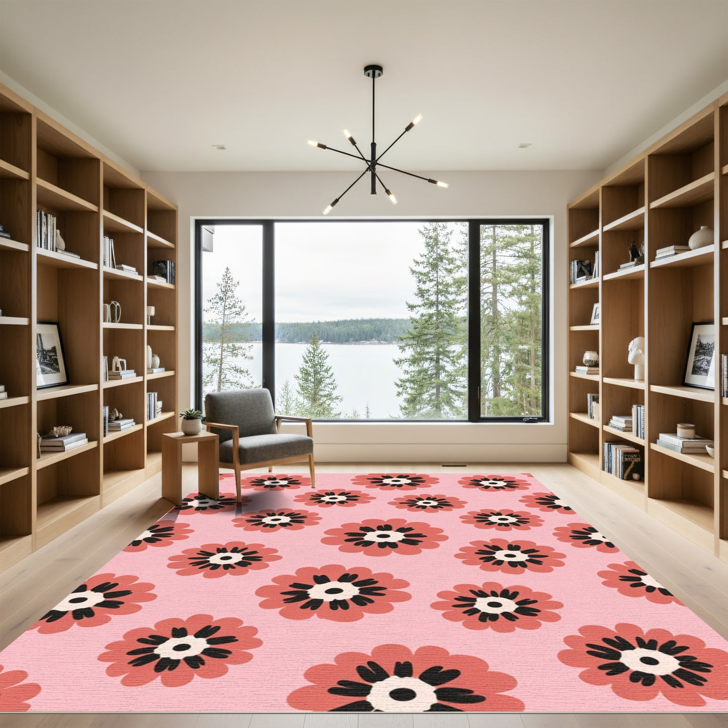 Coral Red Floral Meadow Background Rug