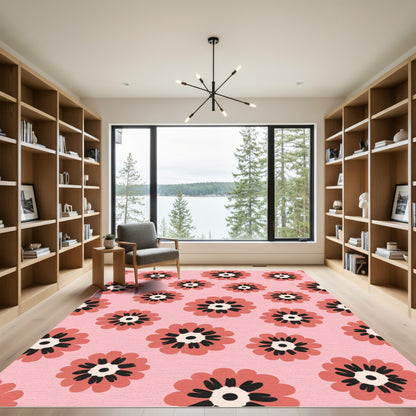 Coral Red Floral Meadow Background Rug