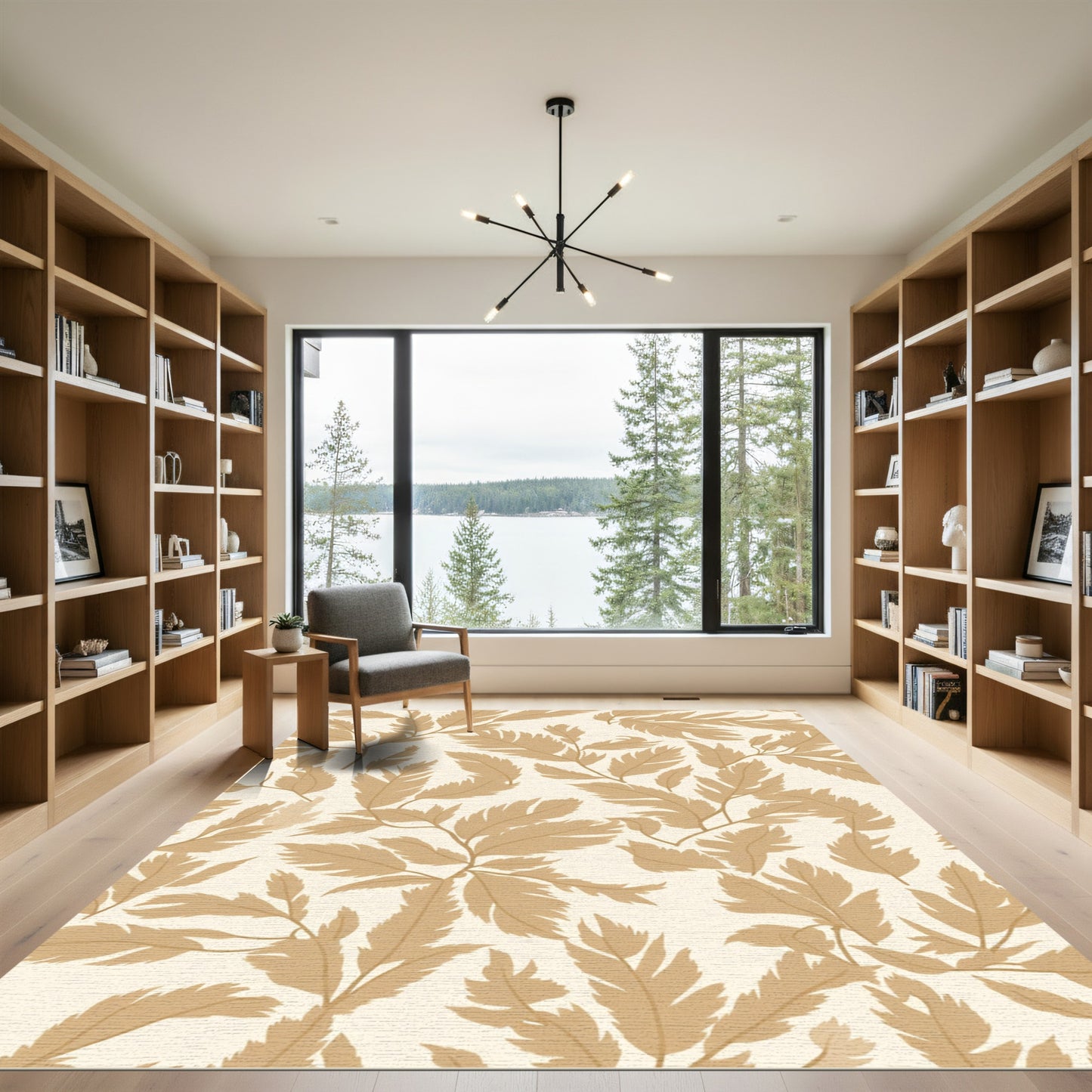 Golden Brown Leafy Branch Pattern Rug