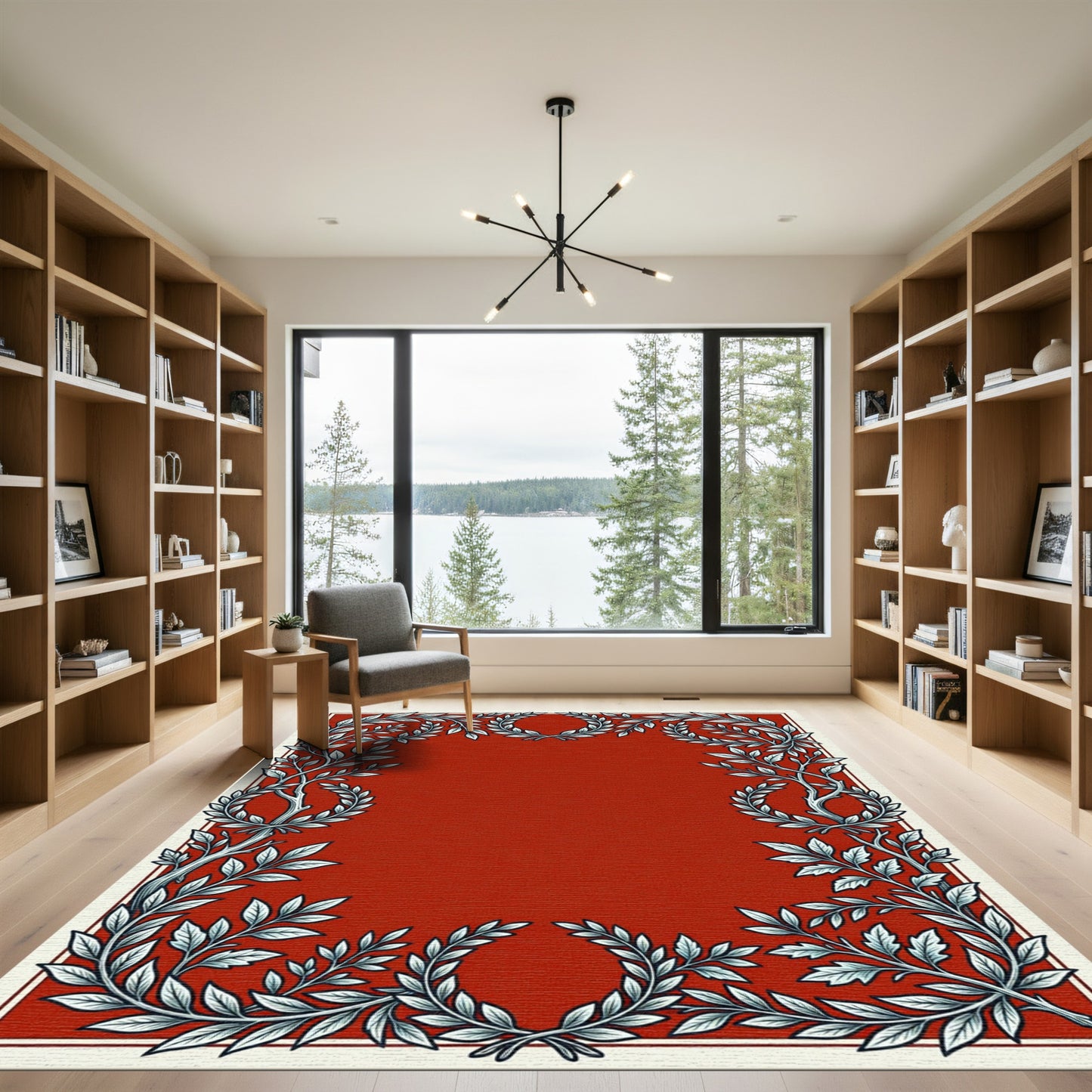 Elegant Red Laurel Wreath Border Rug