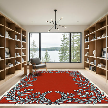 Elegant Red Laurel Wreath Border Rug