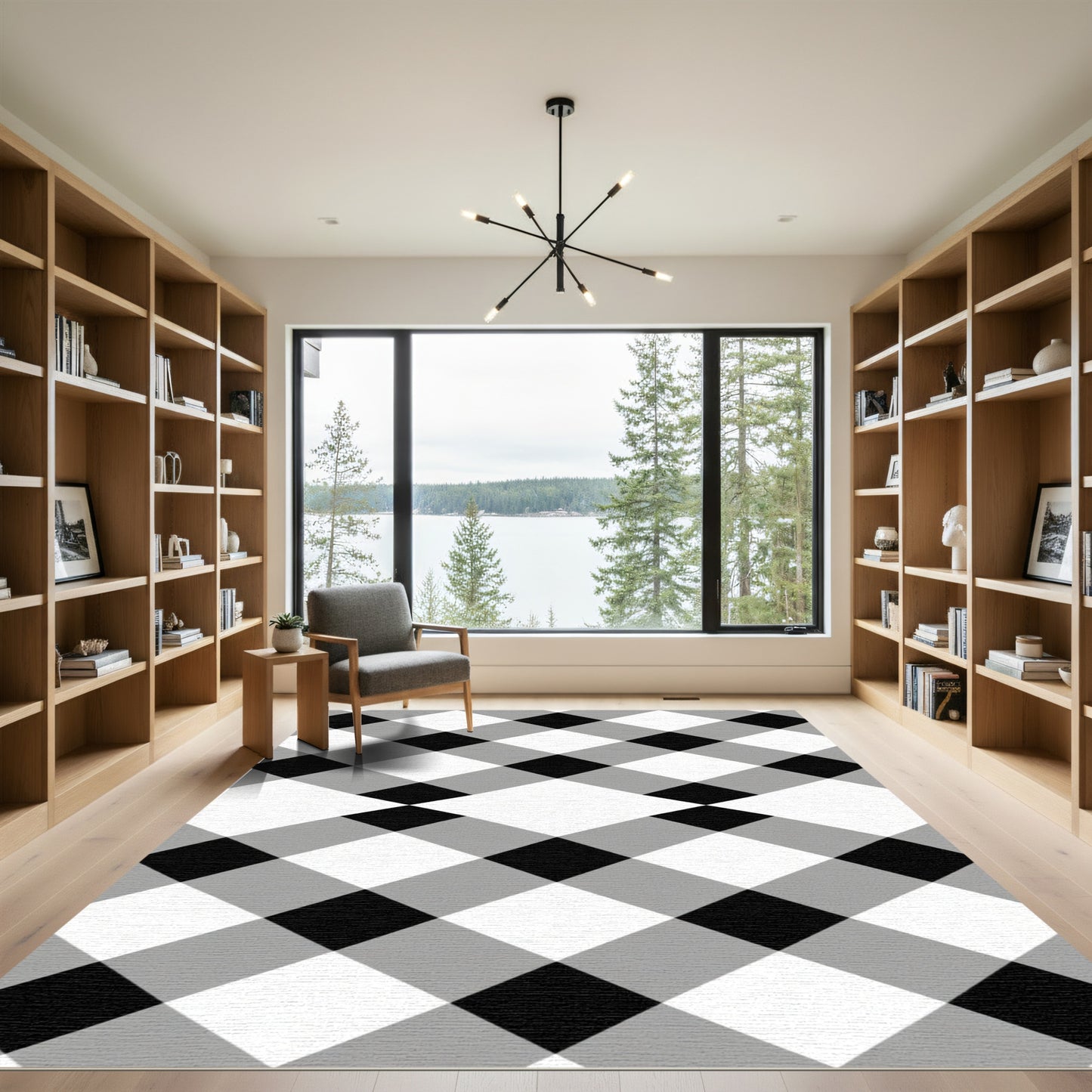 Black White Gray Plaid Diamond Rug