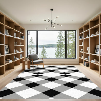 Black White Gray Plaid Diamond Rug