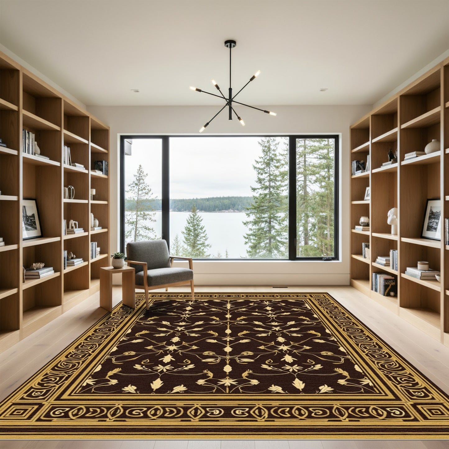 Dark Brown Golden Floral Vine Border Rug