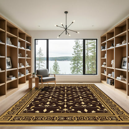Dark Brown Golden Floral Vine Border Rug