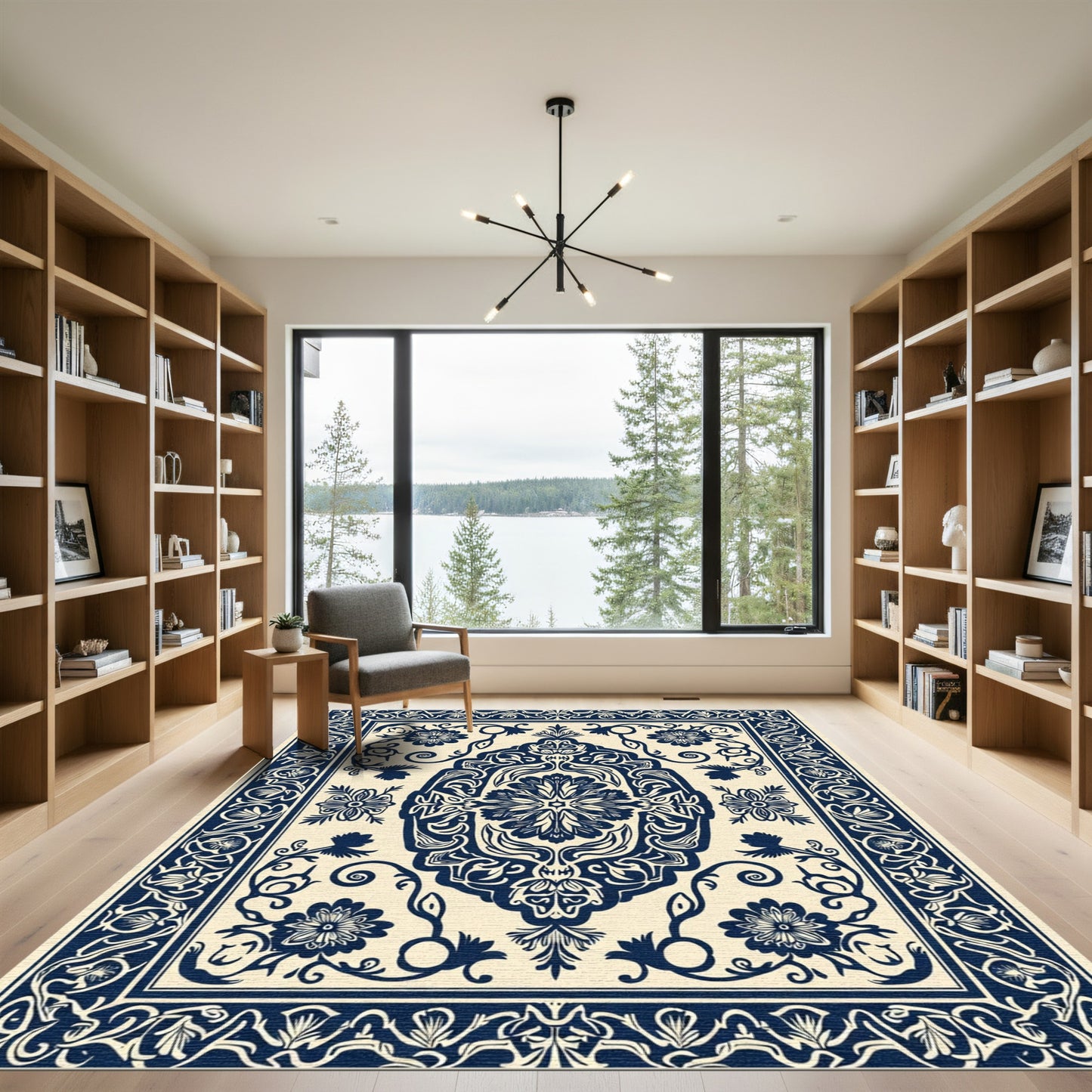 Navy Ivory Floral Mandala Border Rug