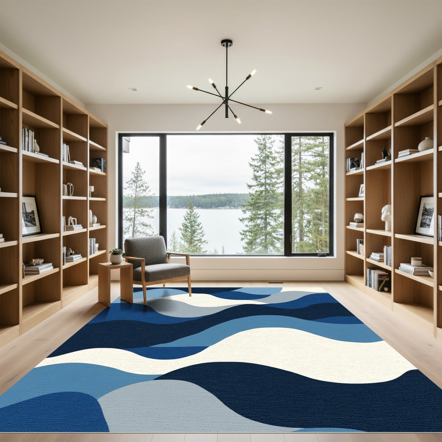 Deep Blue Wavy Abstract Landscape Rug