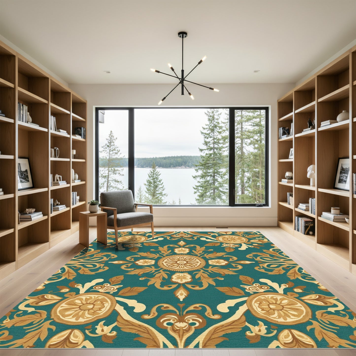 Teal and Gold Floral Medallion Rug