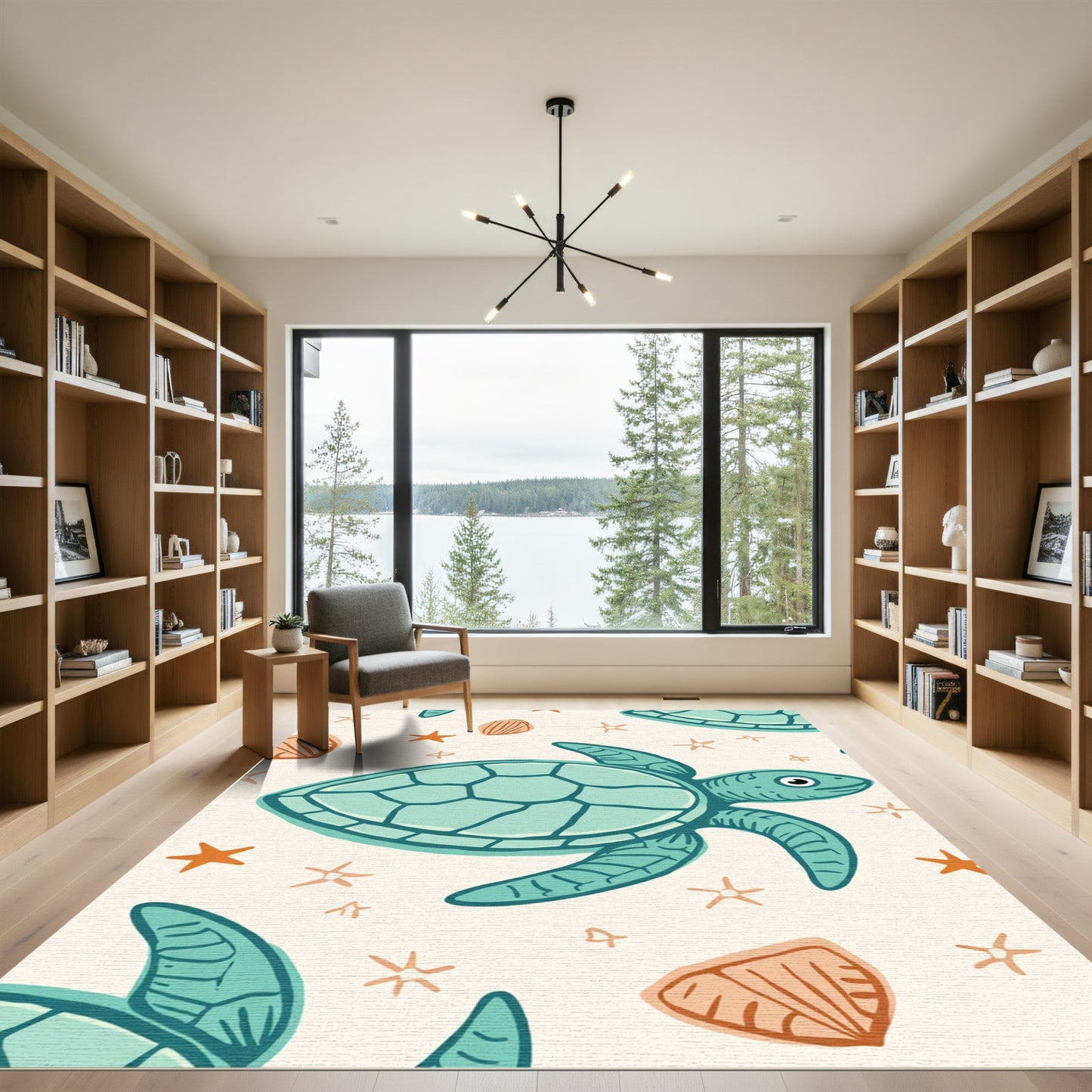 Teal Seahorse Turtle Starfish Shells Rug