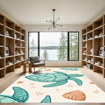 Teal Seahorse Turtle Starfish Shells Rug