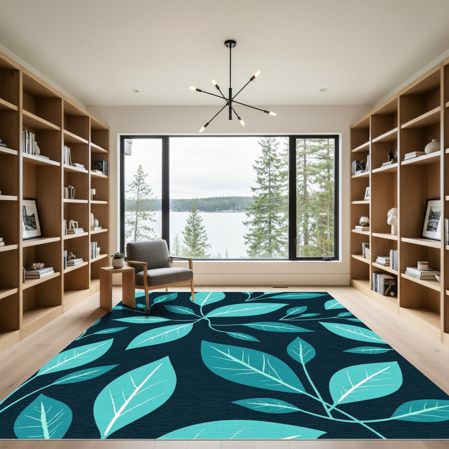 Teal And White Leafy Branches Rug