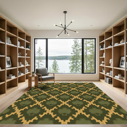 Earthy Olive Ochre Geometric Overlay Rug