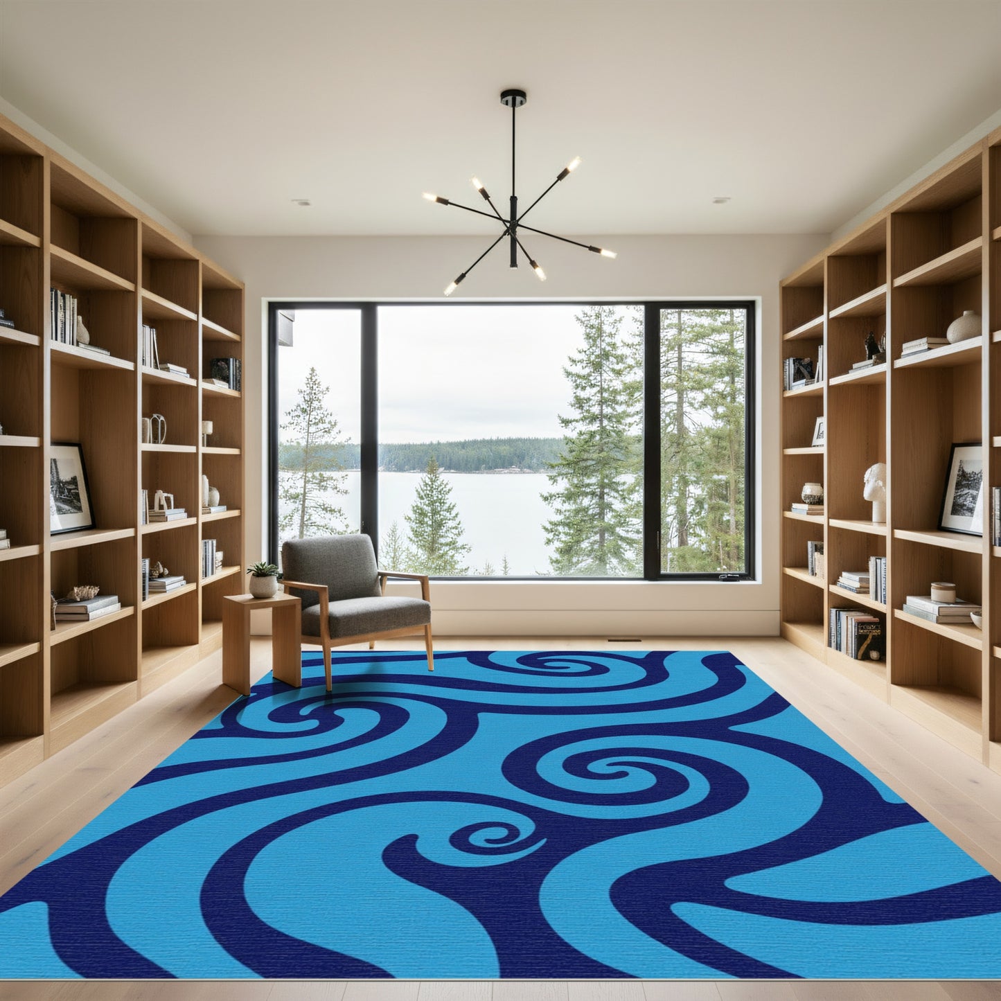 Deep Blue Swirl Wave Composition Rug