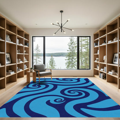 Deep Blue Swirl Wave Composition Rug