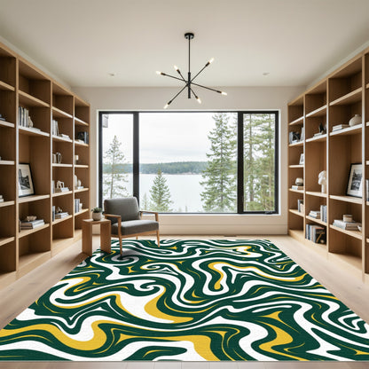Swirling Emerald White Yellow Abstract Rug