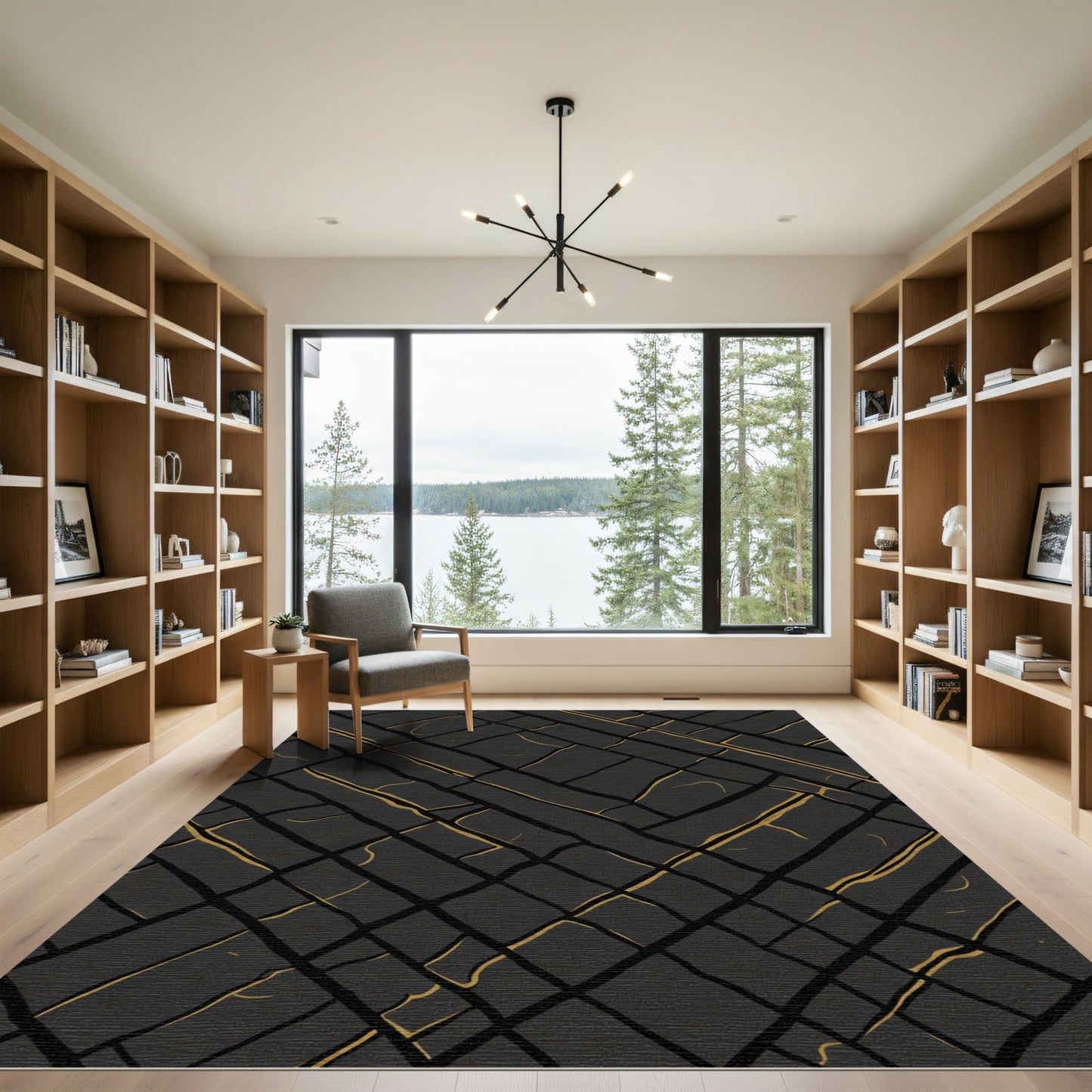Dark Grey Golden Intersecting Lines Rug