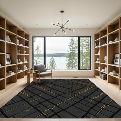 Dark Grey Golden Intersecting Lines Rug