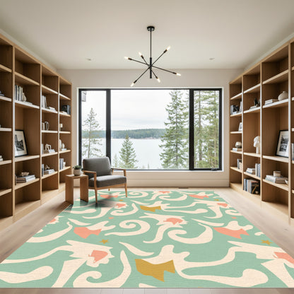 Abstract Coral Gold Wave Swirl Rug