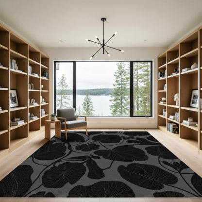 Dark Gray Botanical Leaf Outline Rug