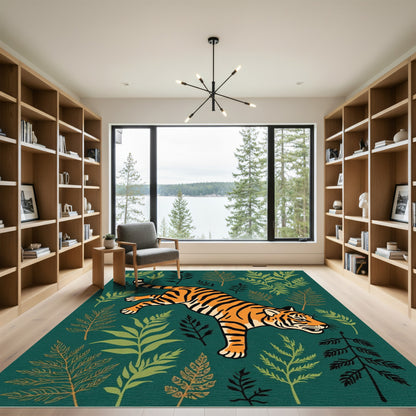 Mischievous Tiger Jungle Leaf Emerald Rug