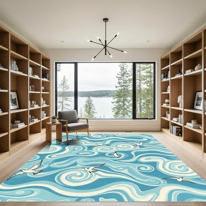 Coastal Seagulls Blue Swirl Rug