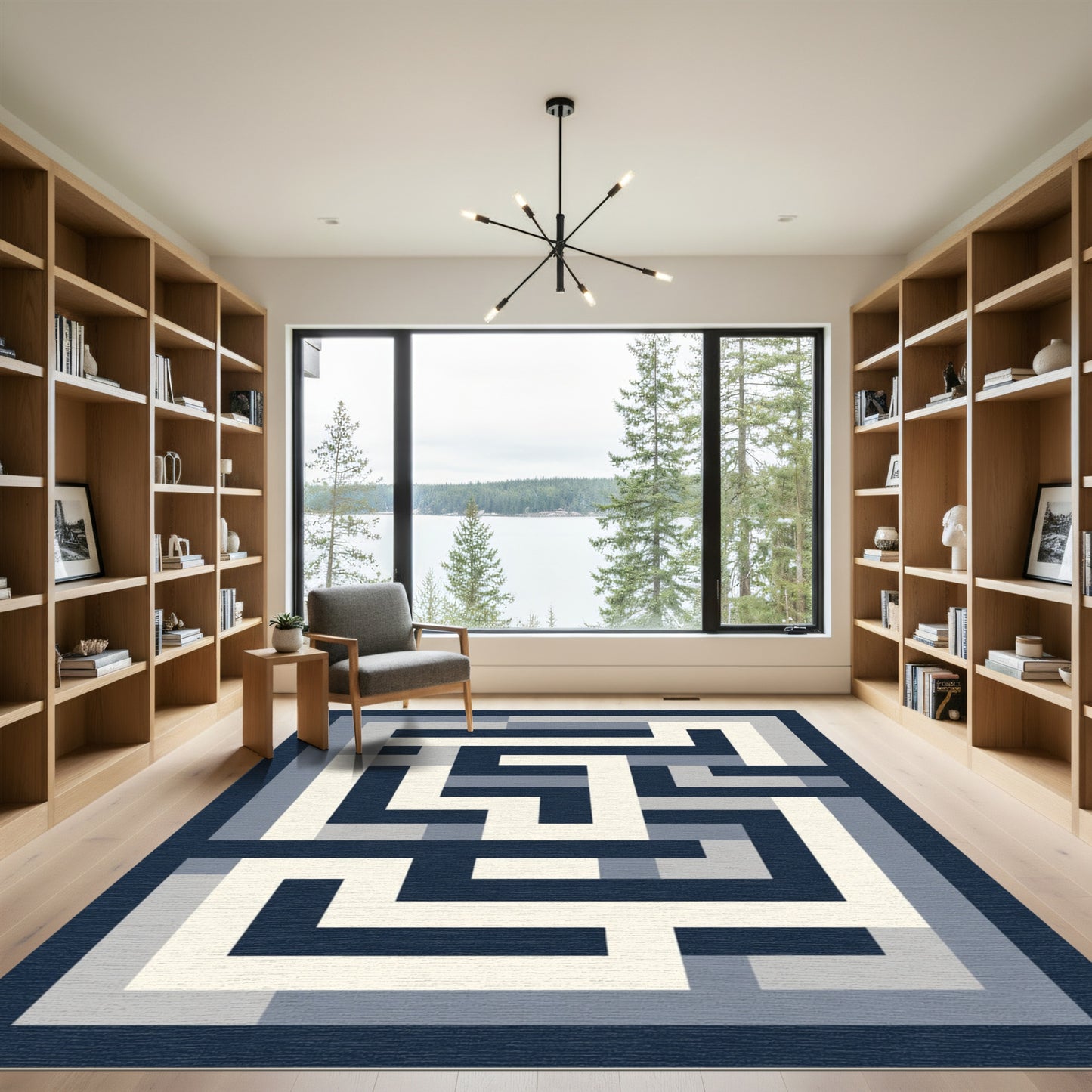 Navy White Gray Geometric Maze Rug