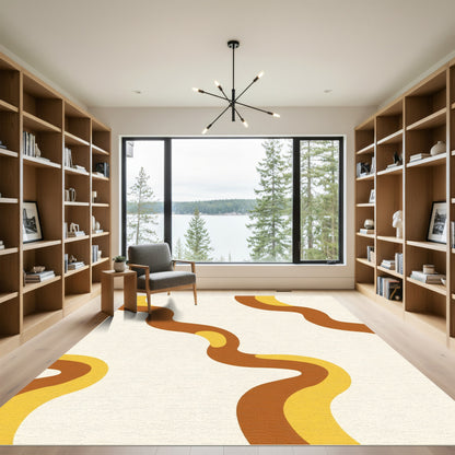 Earthy Brown Yellow Wavy Stripe Rug