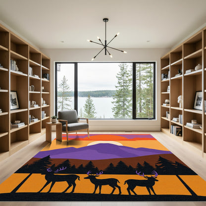 Vibrant Sunset Mountain Deer Silhouette Rug