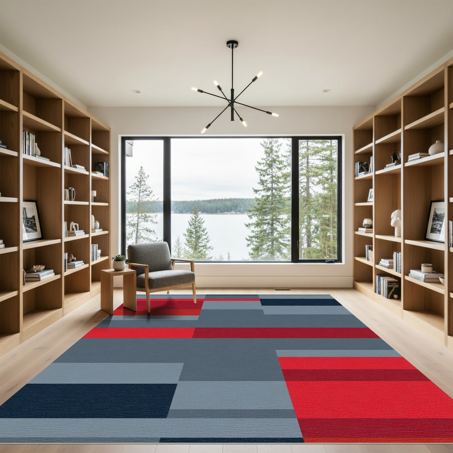 Modern Red Gray Blue Geometric Blocks Rug
