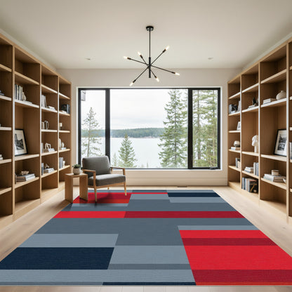 Modern Red Gray Blue Geometric Blocks Rug