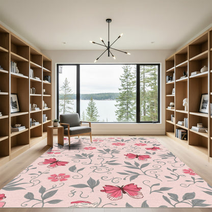 Pink Floral Butterfly Swirls Rug