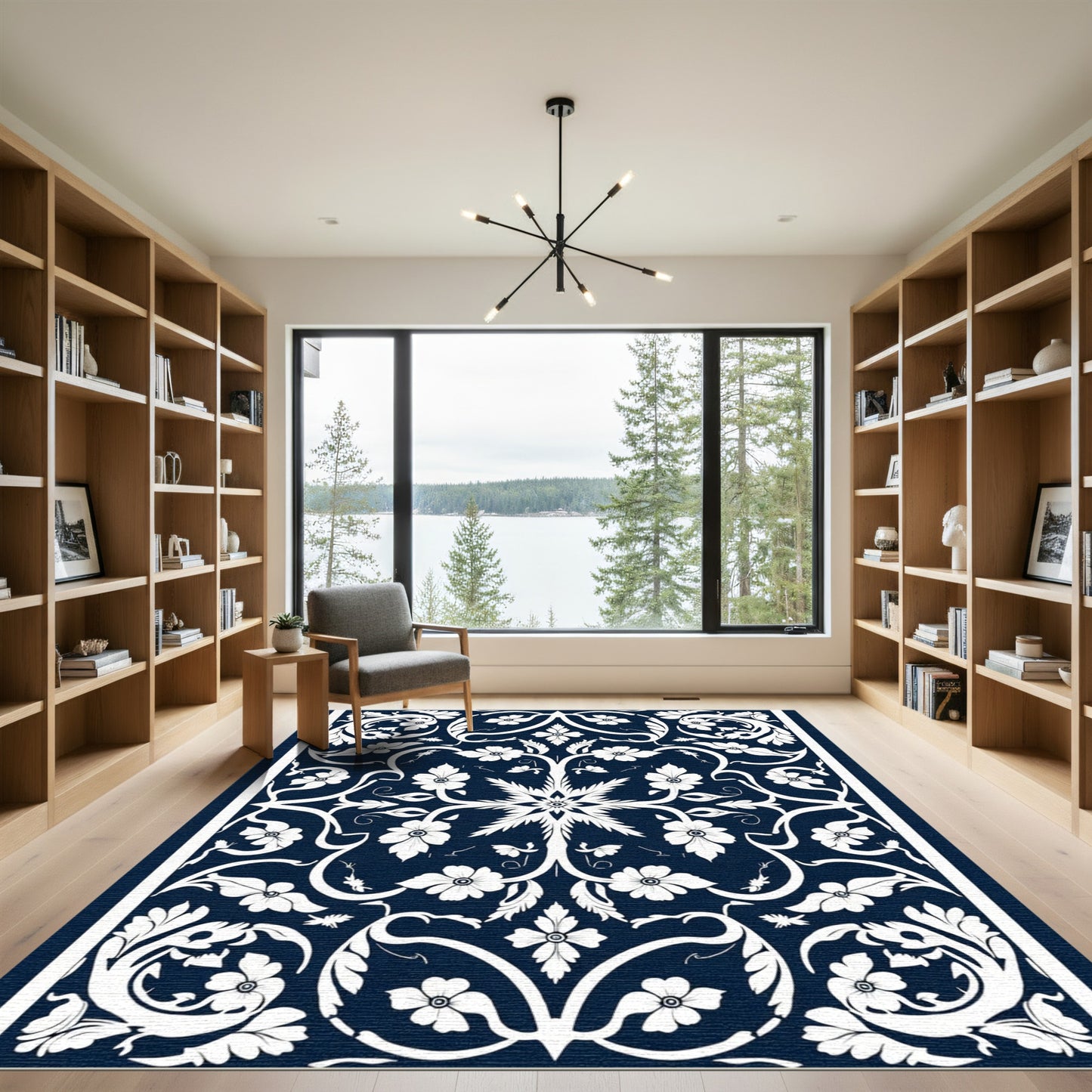 White Floral Scrollwork on Navy Canvas Rug