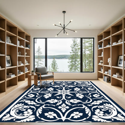 White Floral Scrollwork on Navy Canvas Rug
