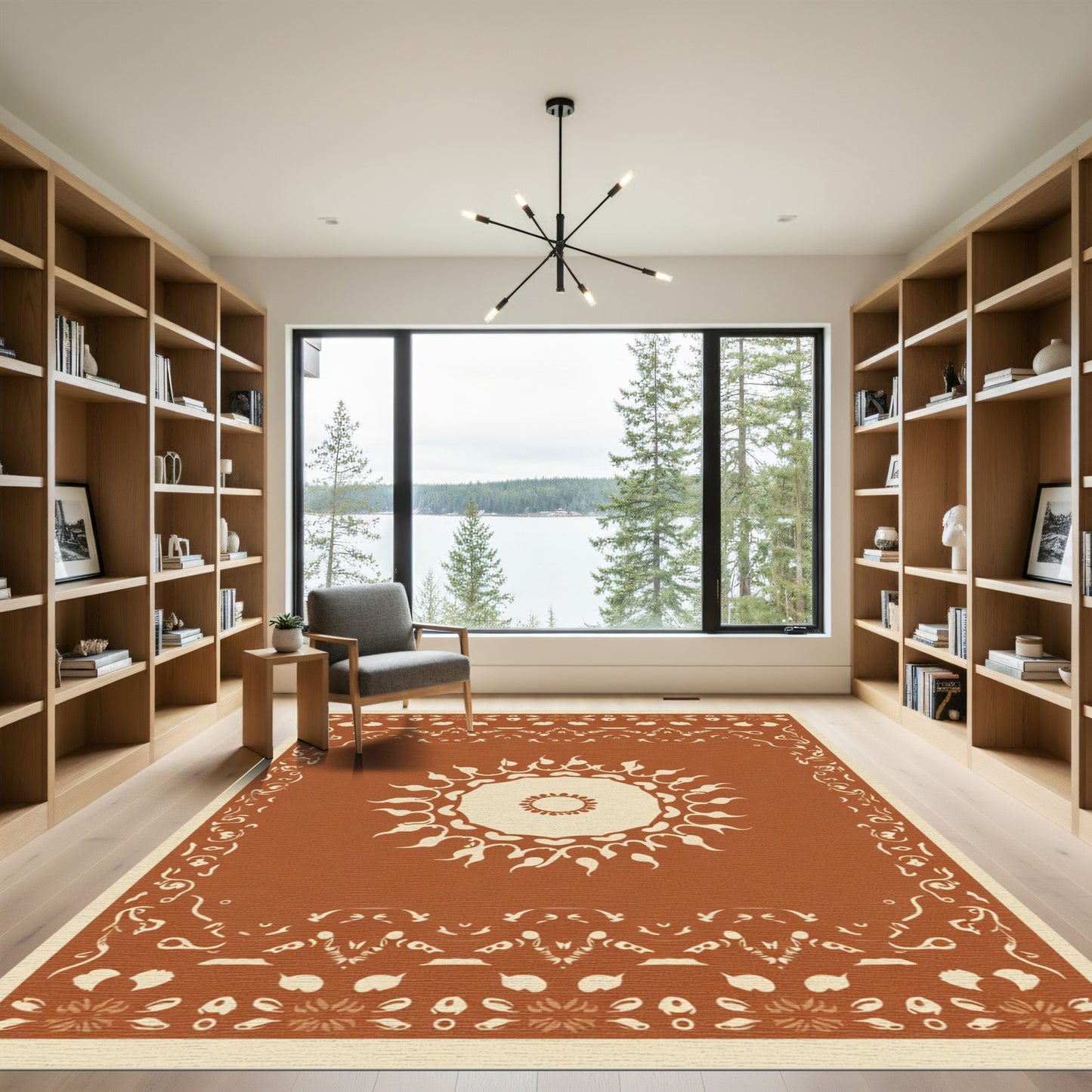 Terracotta Sunburst Bordered Medallion Rug