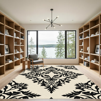 Cream Black Damask Floral Scroll Rug