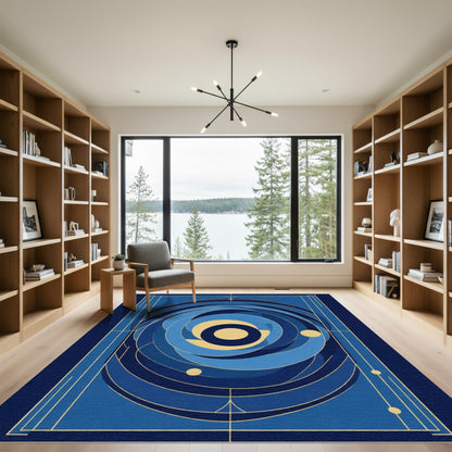 Deep Blue Geometric Swirl Art Deco Rug
