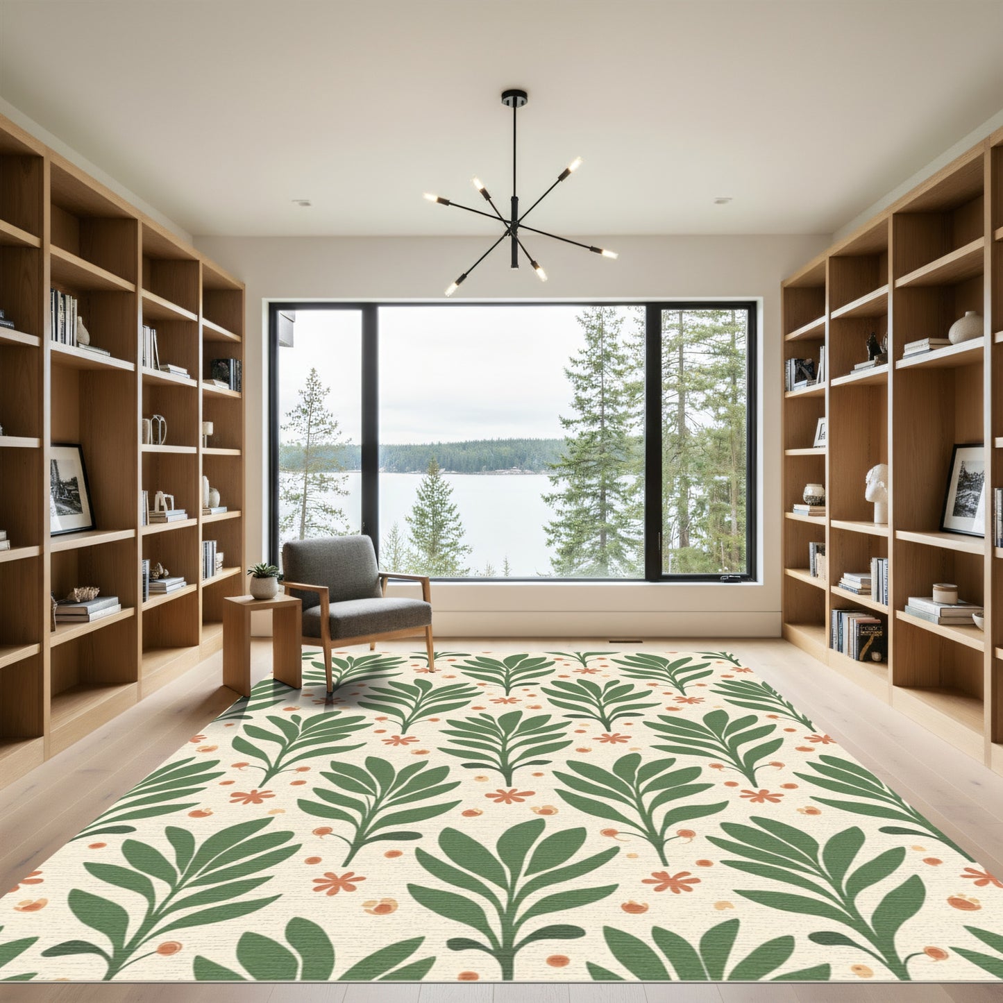 Cream Green Leafy Branches Floral Overlay Rug