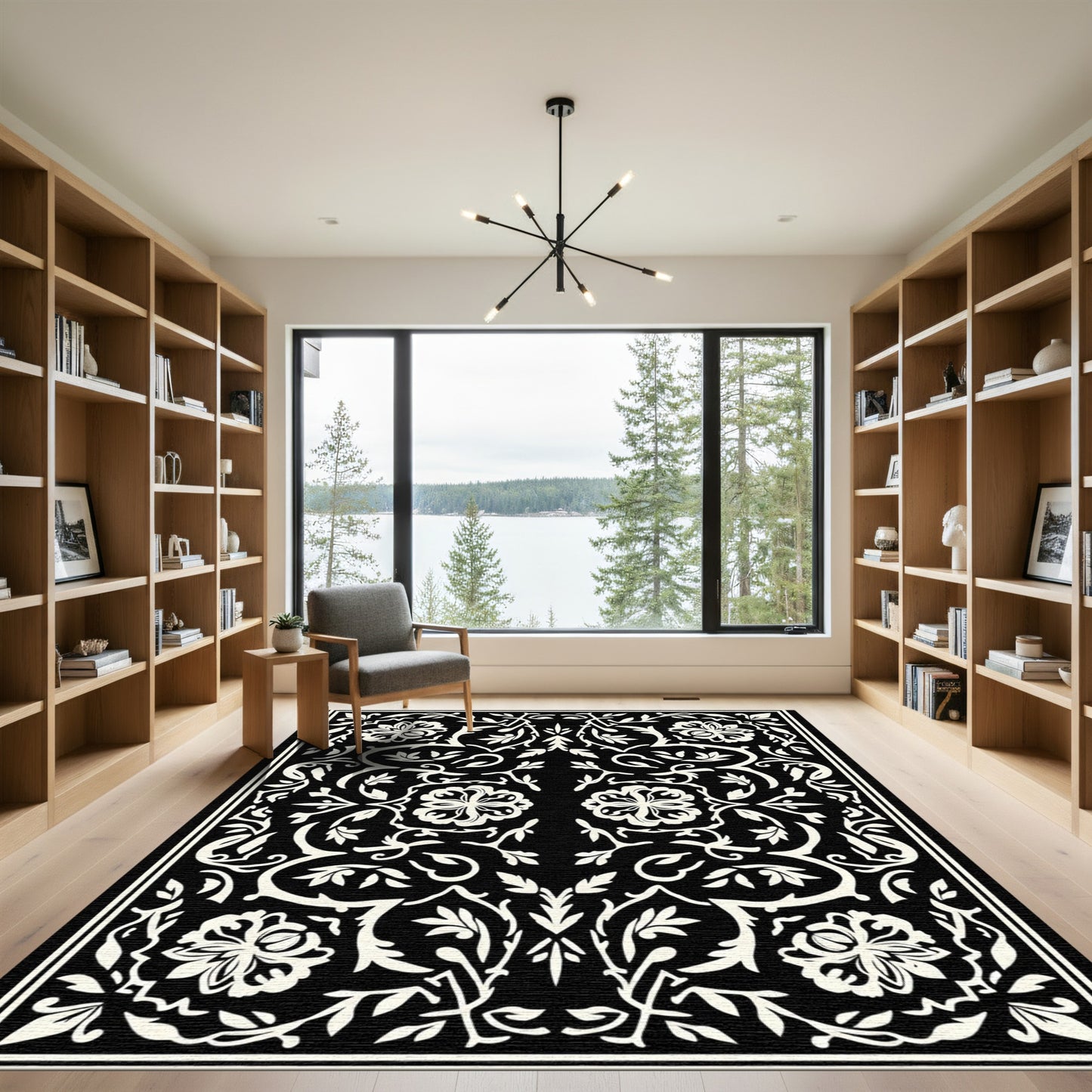 Black White Floral Scrollwork Rug