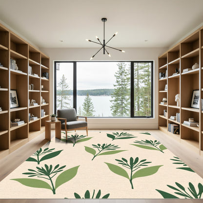 Green Leafy Branch Pattern Beige Rug